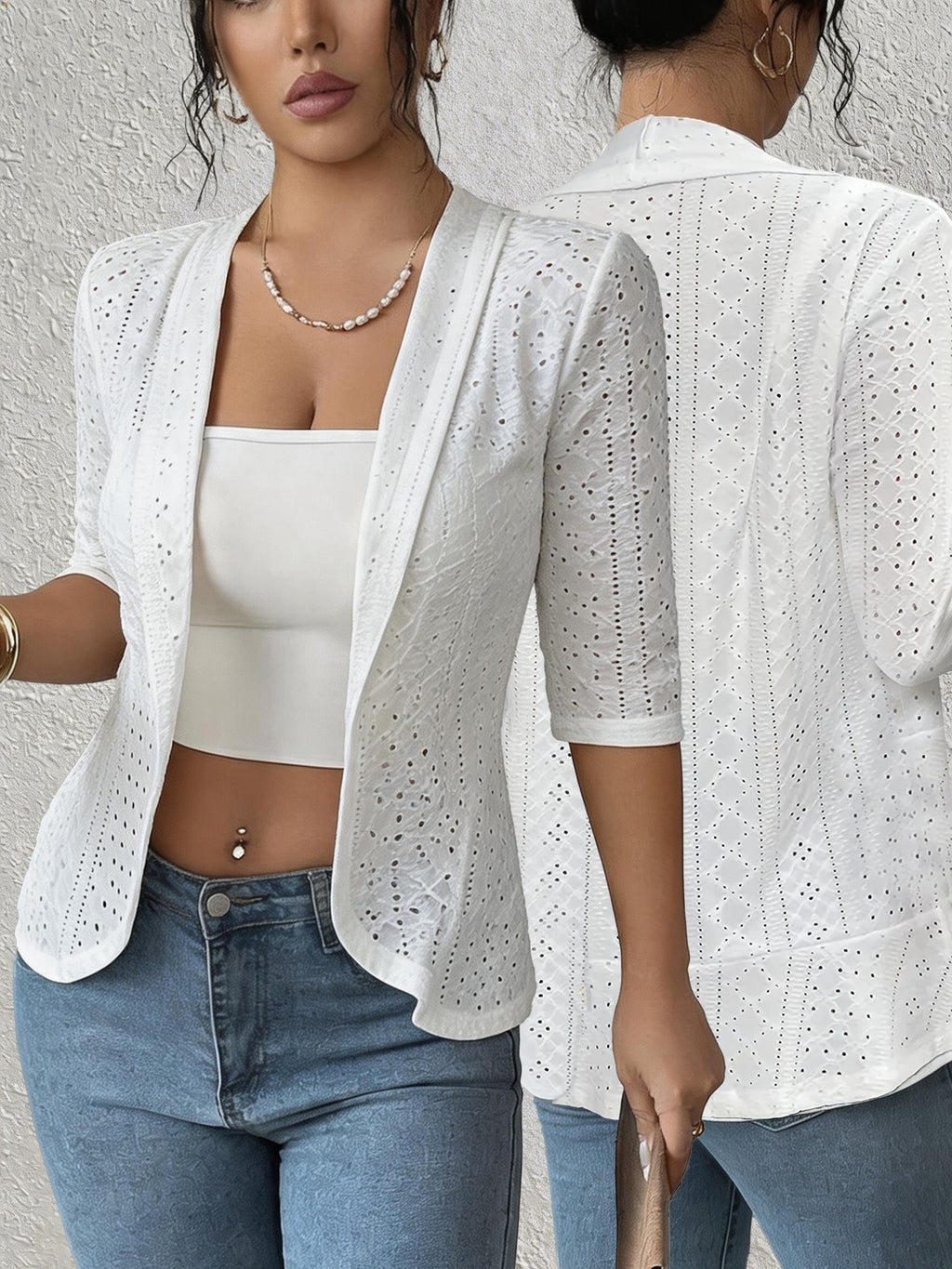 Elegant Women'S Spring And Autumn Fashion Coat with Solid Color, Short Sleeves, Open Front, Eyelet Embroidery, And Lightweight Cardigan - White