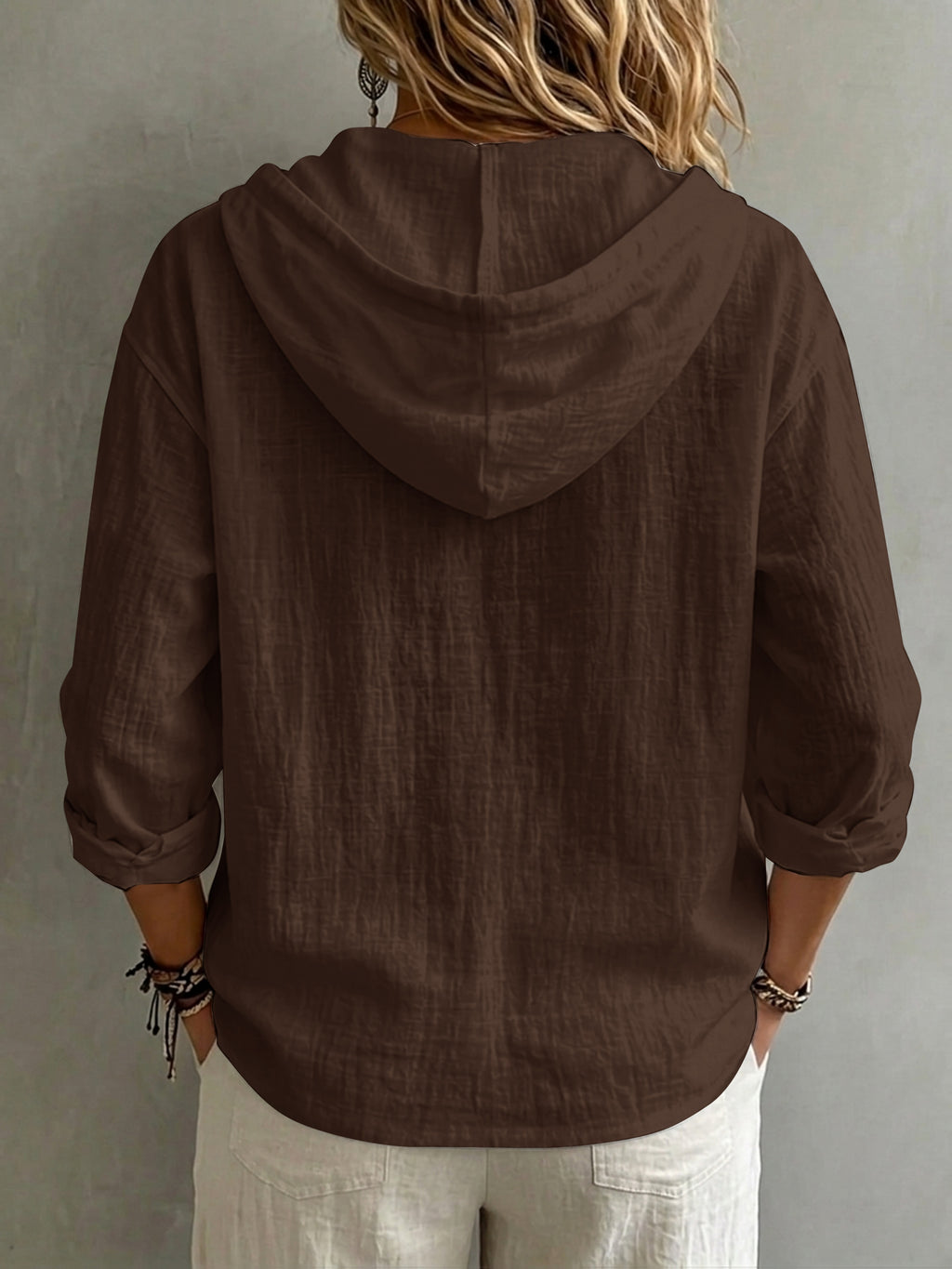 Women's Casual Solid Color Pure Single-Breasted Drawstring Hooded Long-Sleeve Shirt, Loose and Comfortable for Daily Wear, Gatherings, and Office - Coffee Color