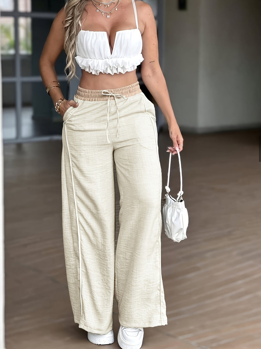 Light Gray-Green Wide-Leg Pants with high waist & wide fit - Light Stretchable suitable for spring Summer - Elegant Y2K Slendering Trousers (Machine Washable) for Jeans/ Dresses/ Casual/ Office - Solid Color - Off-white