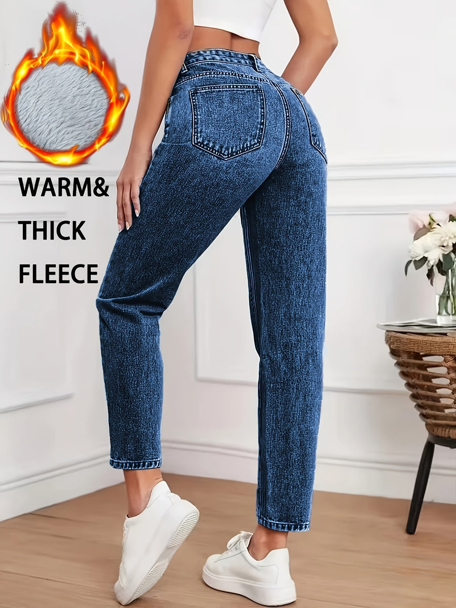 Women's -Lined Stretch Mid-Waist Classic Dark Blue Jeans - Deep Blue