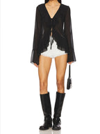 Women's Ruffle Bow Detail Shirt Cardigan Jacket - Black