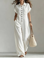 French Vacation Style Jumpsuit, Lapel Half-Open Plaid Cuffed Sleeve with Multi-Button Side-Pocket Loose Straight Wide-Leg Overalls - White