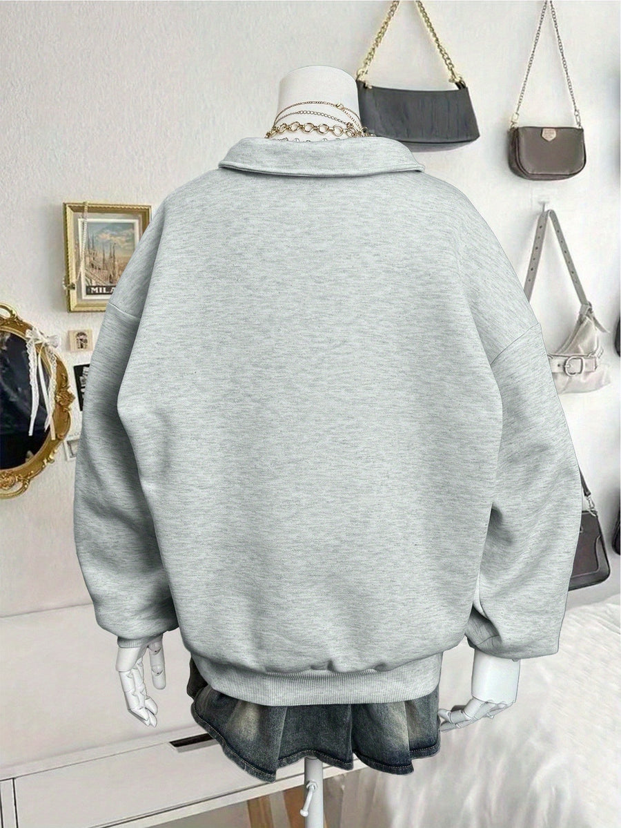New Autumn/Winter Fashion Women's Trendy Minimalist Solid Color Style Casual Versatile Neckline Zipper Sweatshirt - Light Grey