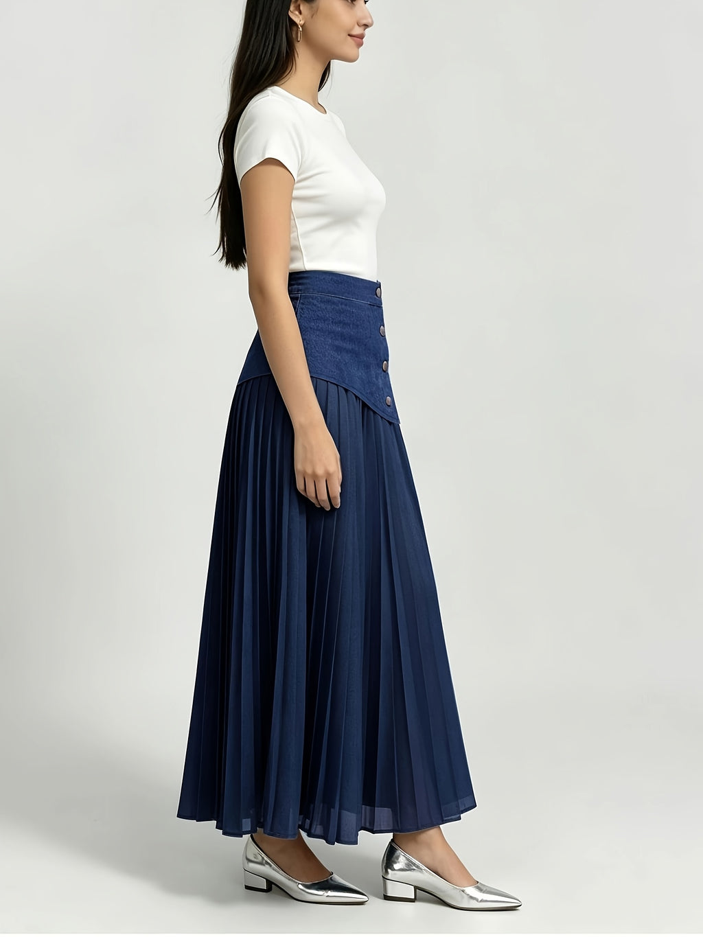 [Printed Skirt - Not Faux Denim Fabric]Temperament Commuter Imitation Faux Denim Patchwork Half Skirt, High-Waist Mesh Pleated Flared Long Dress Spring Summer Versatile Style Kydx - Navy Color