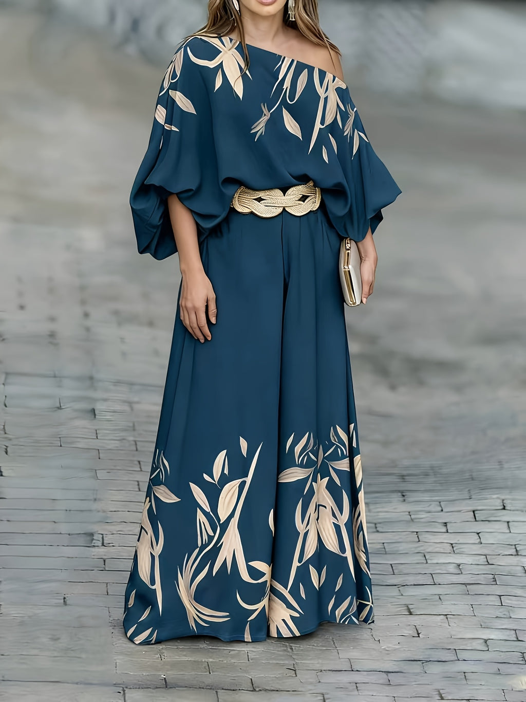 Women's Elegant Summer Vacation Printed Batwing Sleeve Off-Shoulder Waist-Cinching Long Dress-Style Wide-Leg Pants (No Belt) - Blue