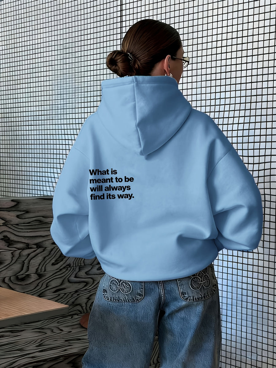 Women's Atmospheric Back English Phrase Print Hooded Sweatshirt with Fateful and Quote Design, Loose Oversized Drop-Shoulder Fit for Daily Streetwear Casual Pullover Hoodie - Light Blue