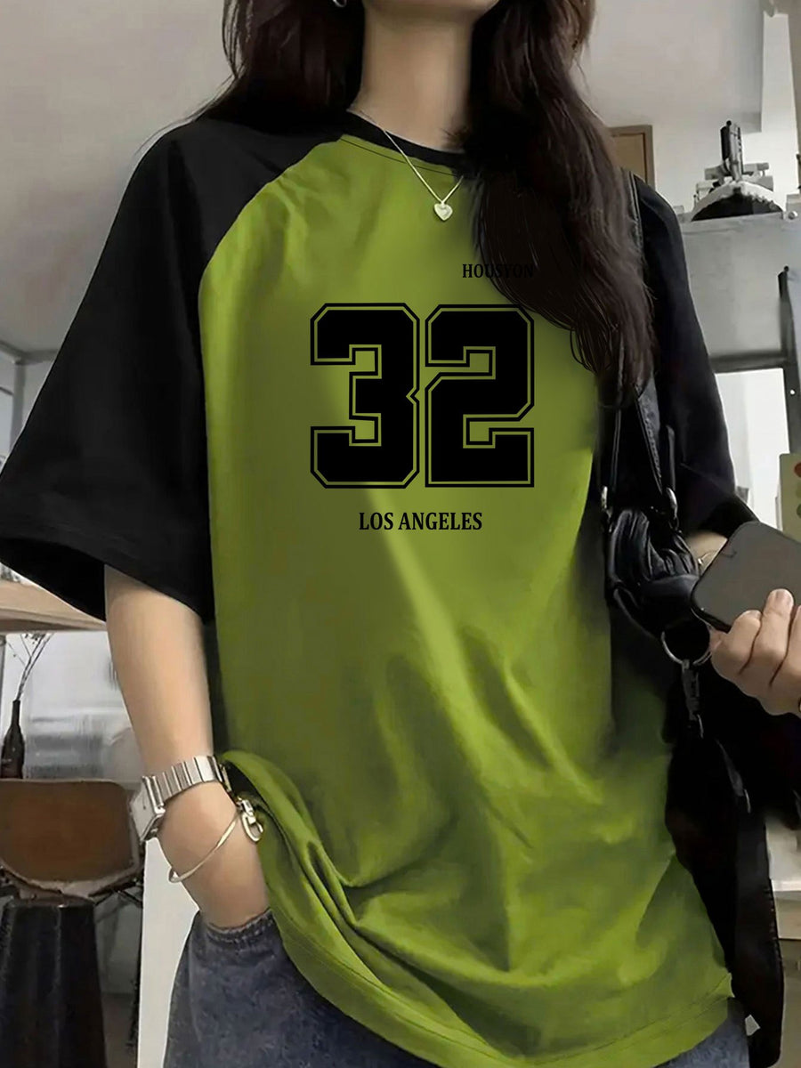 Women'S Color-Blocking Raglan Sleeve 32 Letter Print Pullover Short-Sleeved T-Shirt Summer Design Sense Fashionable Foreign Style Loose Top - Green