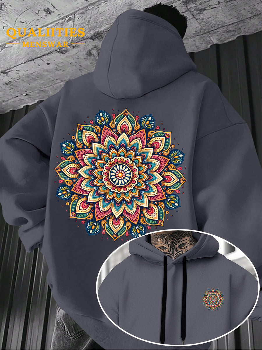 Men's "Mandala" Print Hooded Sweatshirt - Relaxed Fit, Simple and Distinctive Design, Loose Cut for Comfort and Style, Machine Washable Casual Pullover for Autumn/Winter, Suitable for Casual Wear, Hooded Sweater, Winter Apparel, Fashionable Design - Dark Gray