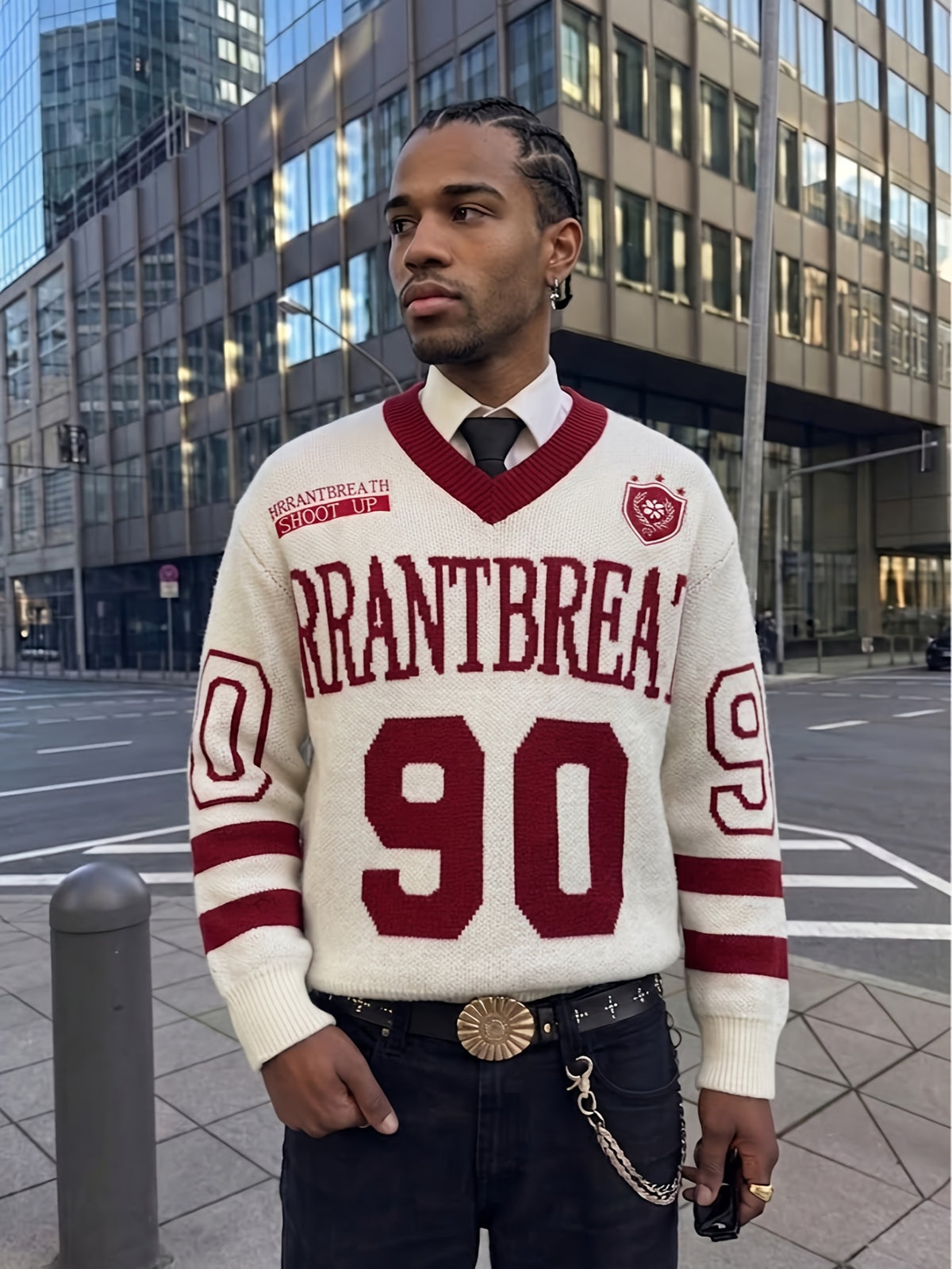 ANDREILEE Men'S Sweater Fashion Trendy Casual All-Match Home Commute Contrast Striped 90S Number Letter Embroidery V-Neck Long Sleeve Loose Pullover Sweater Knitwear Autumn Winter Style - Apricot