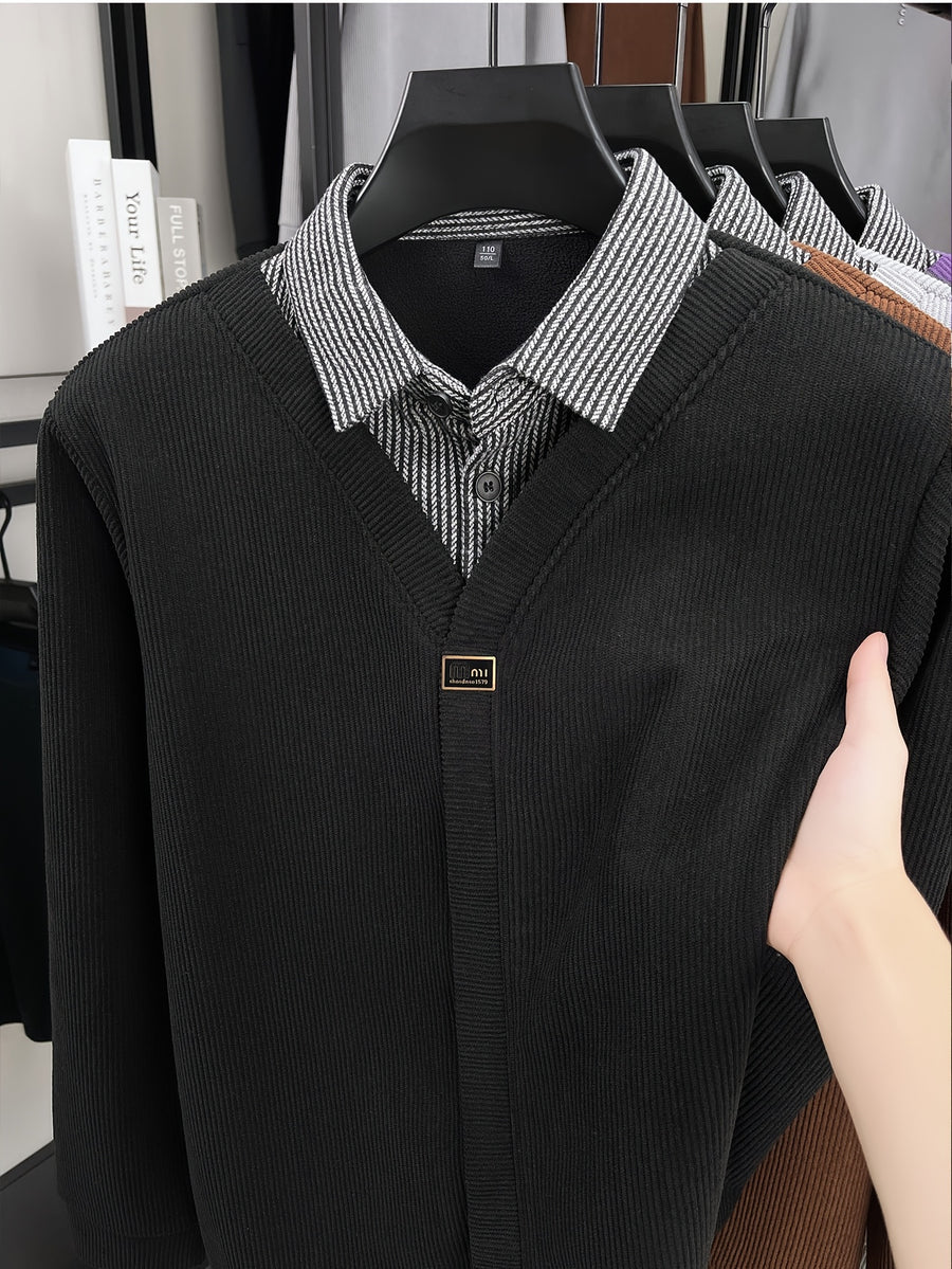 Men's Thick Warm Sweater Suitable for Winter - V-Neck Square Collar Knit Pullover with Color-Blocking Collar, Base Layer Sweater for Layering, Machine Washable Casual Warm Sweaters for Office & Casual Attire (Regular Fit) - Black