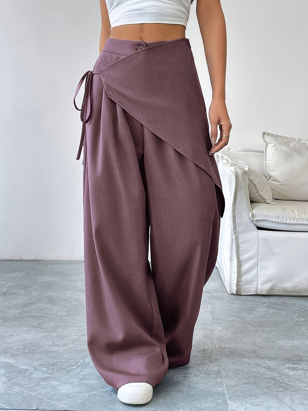 Women's Solid Color Cross-Tie Loose-Fit Leg-Length Casual Pants - Purple