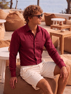 Men'S Anti-Moth Long-Sleeved Square-Neck Shirt, Lightweight And Breathable Solid Color Business-Casual Shirt, Loose-Fitting All-Match Basic Shirt for Spring And Summer Commuting And Vacation. Available in Multiple Colors - Burgundy
