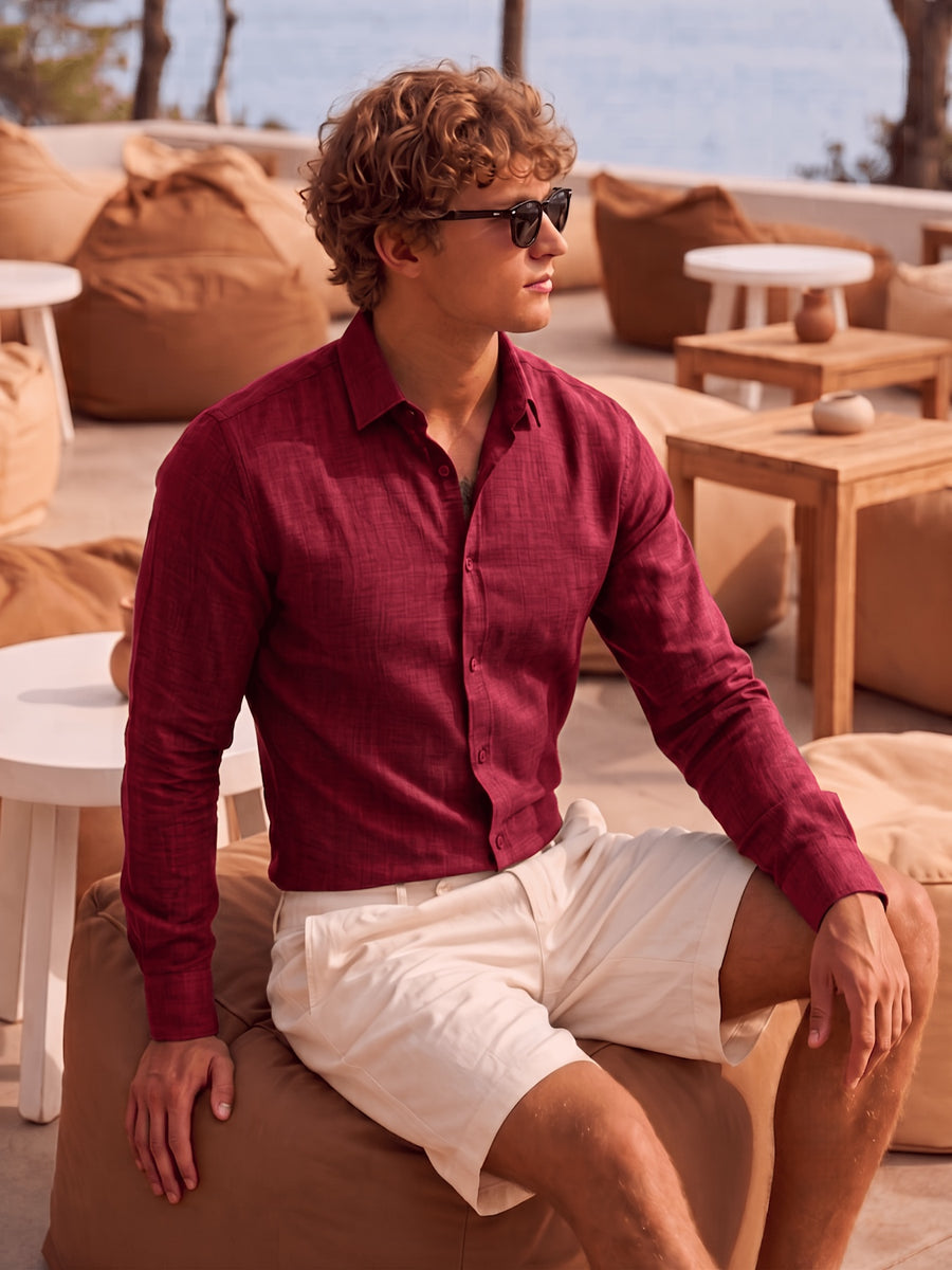 Men'S Anti-Moth Long-Sleeved Square-Neck Shirt, Lightweight And Breathable Solid Color Business-Casual Shirt, Loose-Fitting All-Match Basic Shirt for Spring And Summer Commuting And Vacation. Available in Multiple Colors - Burgundy