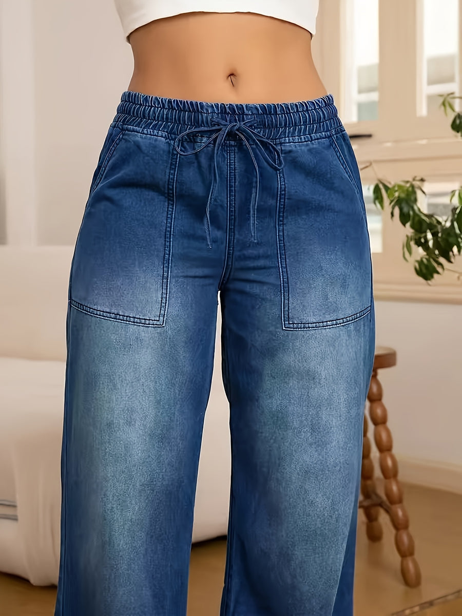 8433# Women's Fashionable Versatile Straight-Leg Wide-Leg Stretch Jeans with Back Pockets, Drawstring, and Elastic Waistband - Medium Blue