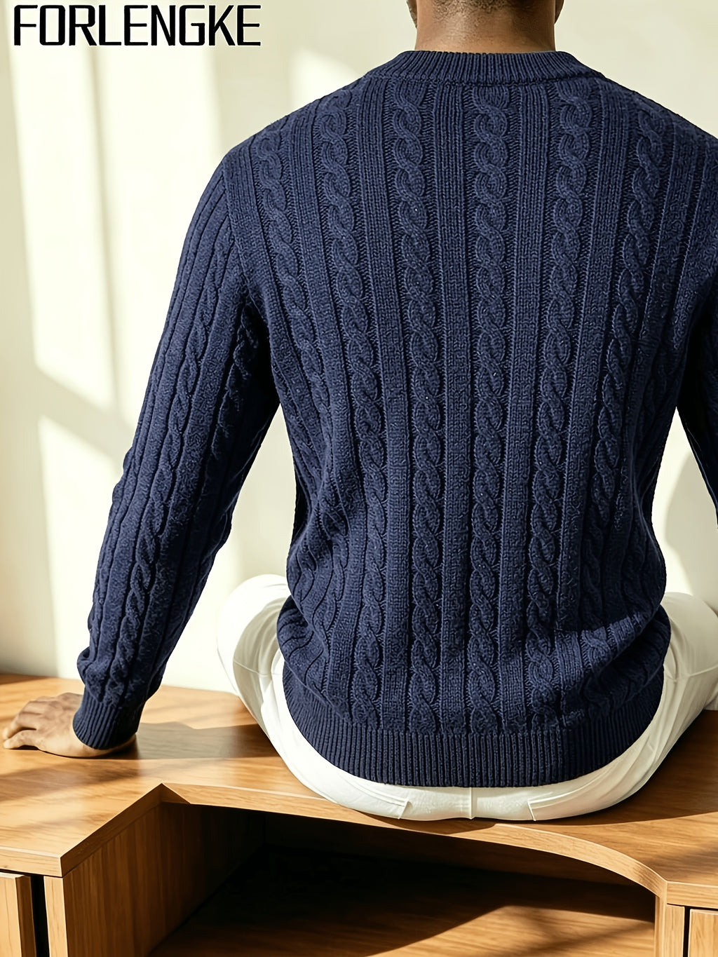 FORLENGKE 2026 New Men's Business Casual Crew Neck Cable Knit Sweater, Soft Warm Long Sleeve Pullover for Fall Winter Office, Daily & Outdoor Wear - Navy Color