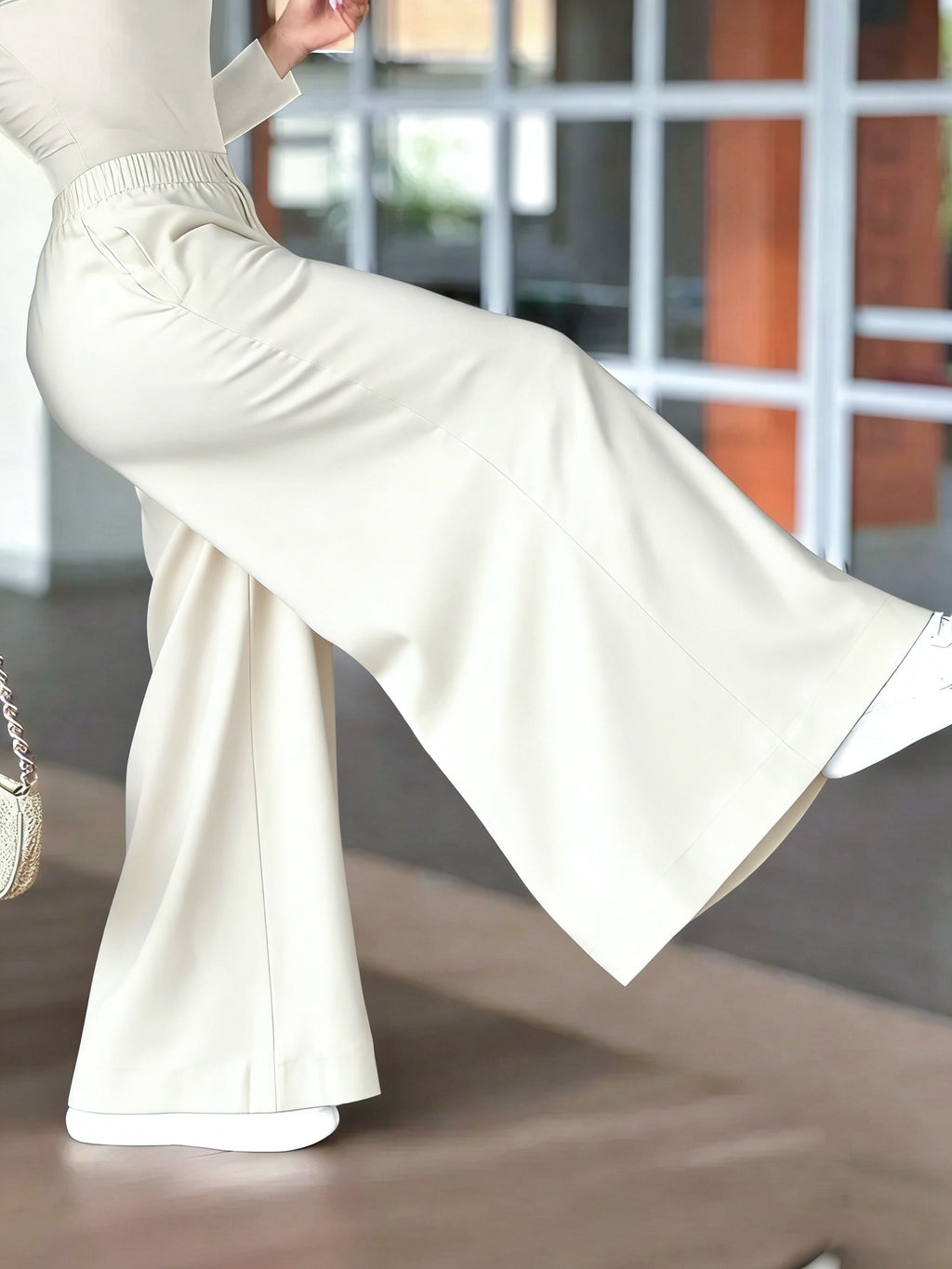 HMY Women's High-Waisted Wide-Leg Suit Pants, High-Quality Draping Fabric, Loose-Fit Straight-Leg Floor-Length Casual Trousers + Tab Lan - White