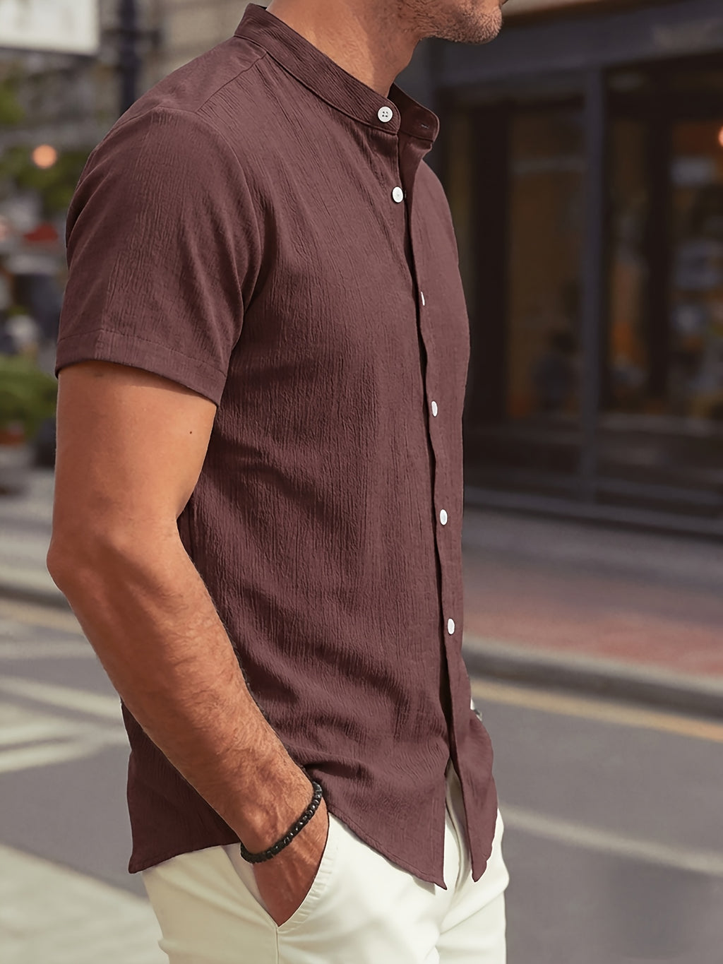 New Summer Men's Thin Stand Collar Casual Shirt, Solid Color Short Sleeve Business Fashion Button-Up Shirt for Muscular Men, Stylish Short Sleeve Design Suitable for Casual and Office Wear - Coffee Color