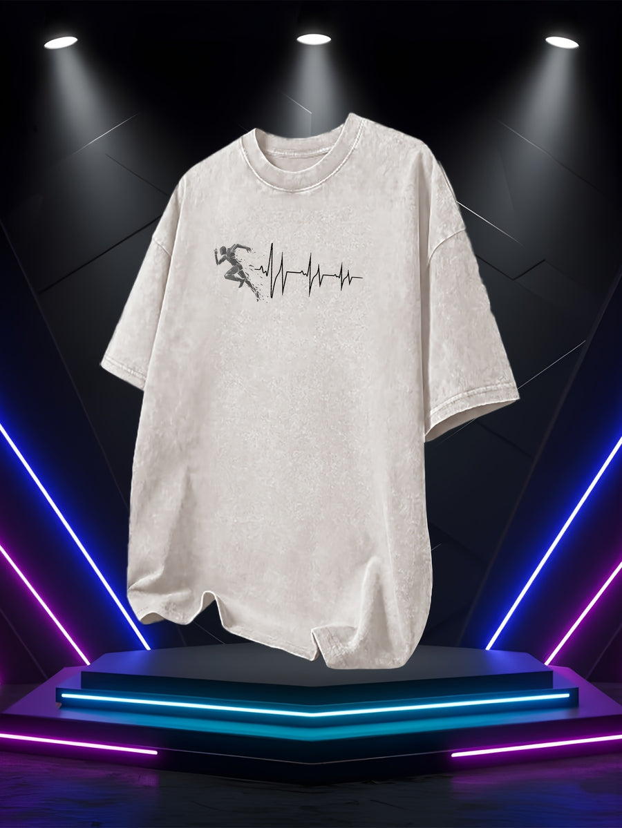 Men's Washed Short-Sleeve T-Shirt, Made of Pure Cotton Fabric That Is Breathable and Skin-friendly. The Relaxed Fit Is Comfortable and Versatile. Features a Creative Print of a Runner on the Front + EKG, Combining Athletic Passion with the Rhythm - Apricot