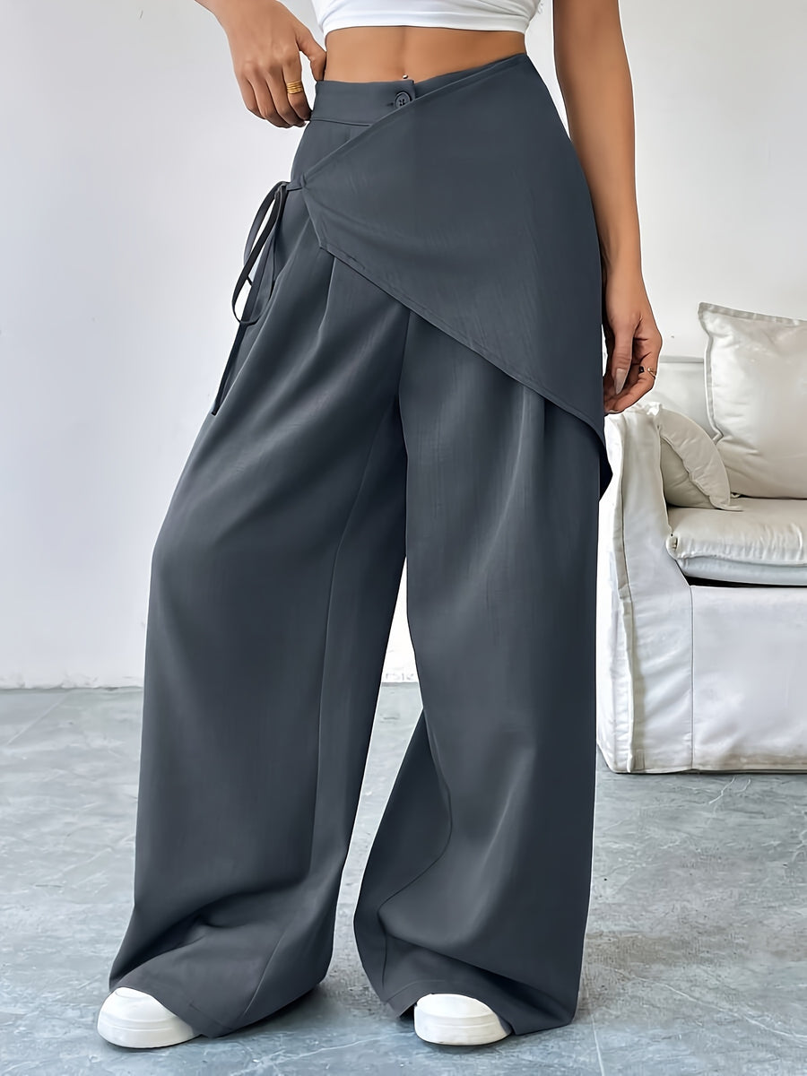 Women's Solid Color Cross-Tie Loose-Fit Leg-Length Casual Pants - Grey