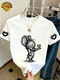 WB Women's Officially Licensed. Mouse & Hearts T-Shirt - Cute Mouse Sketch Short Sleeve Crew Neck Top with Double Heart Cuff Decorations, Casual Summer Suitable for Daily Commute, Home Wear, & Office Outfits - White