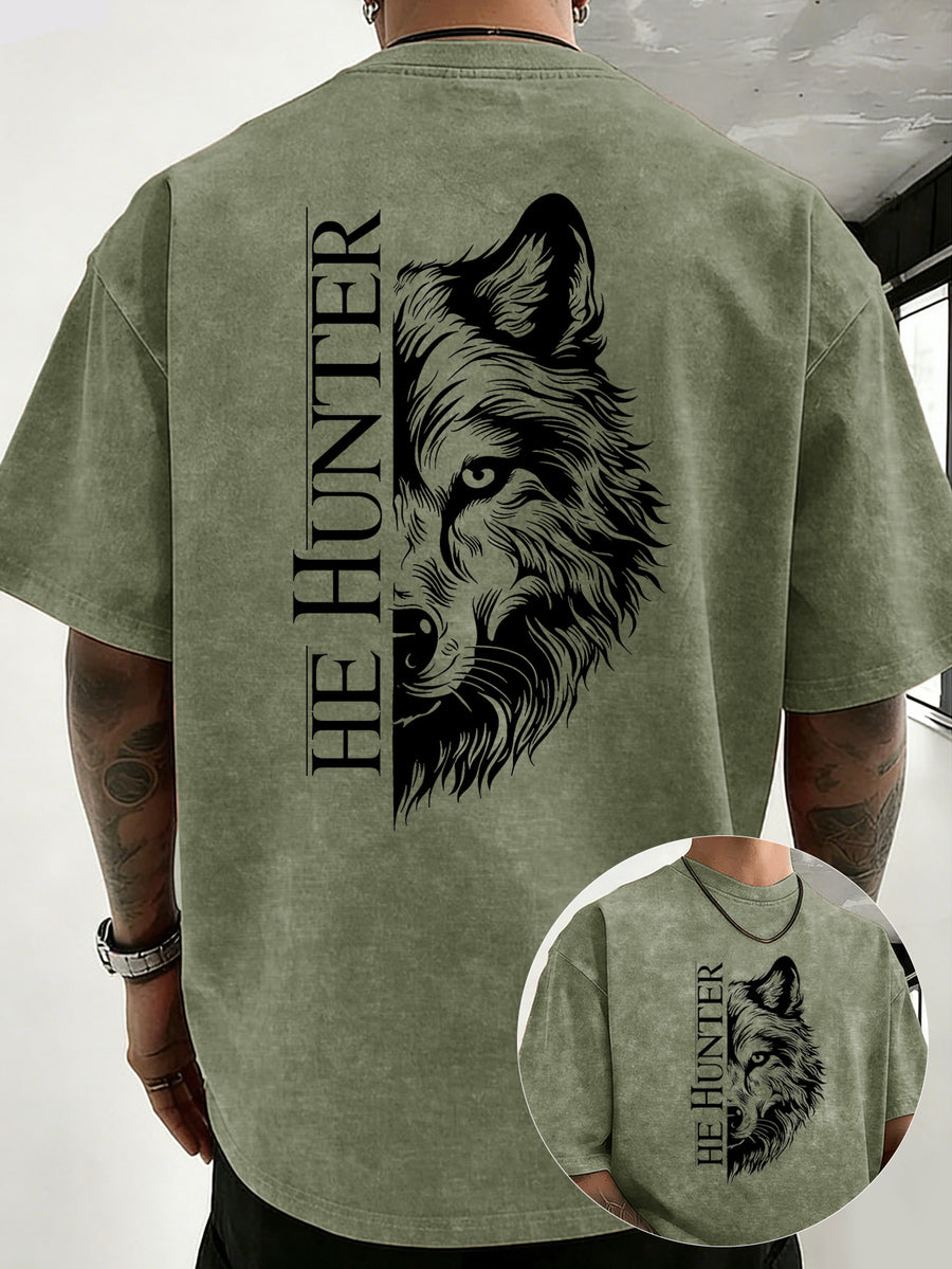 Vintage Washed Loose Double-Faced Print T-Shirt with Letter Pattern, Unisex Classic Basic Style, Soft And Durable Short Sleeve, Suitable for Students And Office Workers - Olive Green