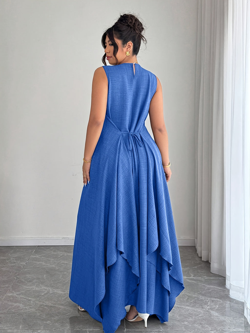 Women'S Elegant Vacation Casual Daily Outerwear Tie-Belt A-Line Asymmetrical Hem Dress - Blue