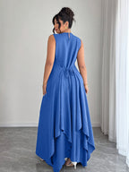Women'S Elegant Vacation Casual Daily Outerwear Tie-Belt A-Line Asymmetrical Hem Dress - Blue