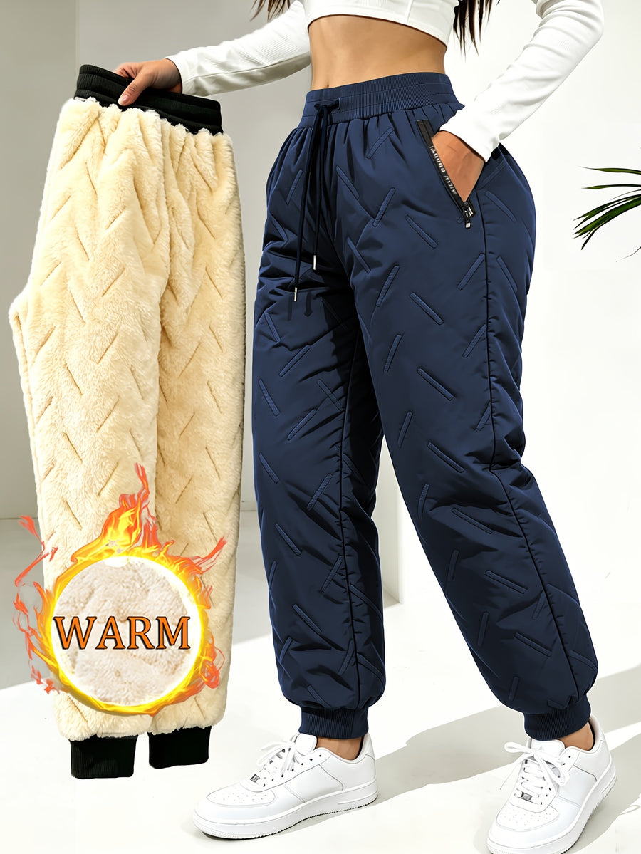 Hidkat Women's Winter Thermal Trousers - -Lined Thickened Pants with Soundwave Technology Embossed Fabric, Zipper Pockets & Adjustable Waist, Cuffed Tapered Trousers Suitable for Outdoor Casual Wear, Gift Exchange (Hand Washable) - Dark Blue