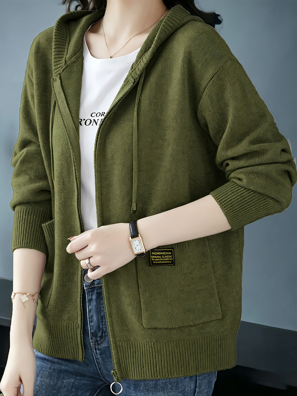 Women's Cardigan, Spring/Autumn Lazy Style Sweater Jacket, Loose Fit Outerwear Hooded Top - Olive Green
