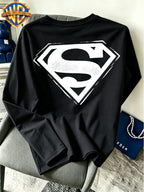 Warner Bros. Official - Superman Graffiti Texture S Logo Print, Men'S Versatile Long Sleeve, Spring And Autumn Season Adaptation, Casual Street Clothing Top, Daily Leisure Vacation Gift - Black