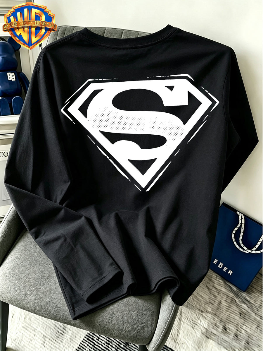 Warner Bros. Official - Superman Graffiti Texture S Logo Print, Men'S Versatile Long Sleeve, Spring And Autumn Season Adaptation, Casual Street Clothing Top, Daily Leisure Vacation Gift - Black