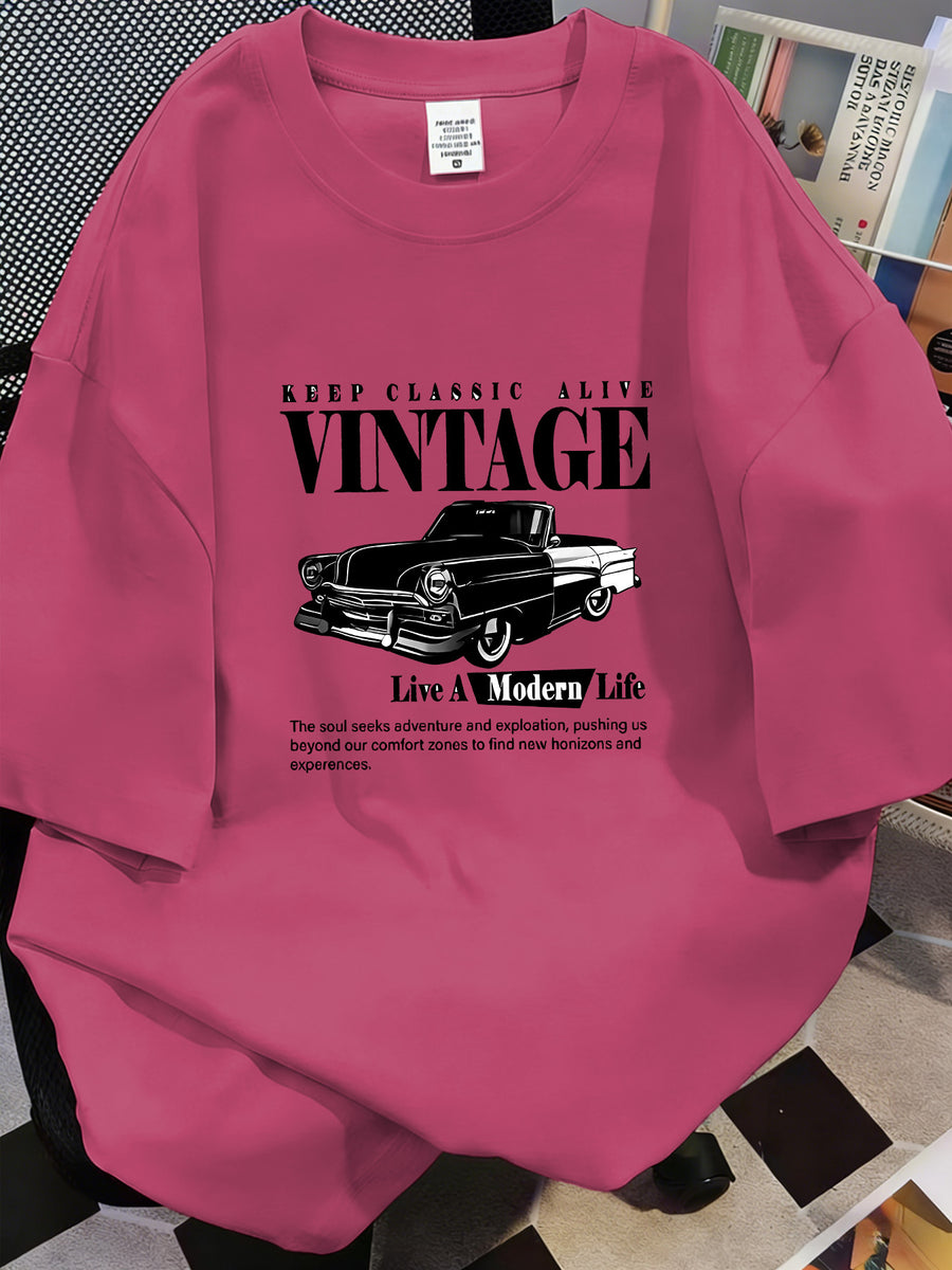 Classic Vintage Car Print T-Shirt, American Street Style Loose Fit Top - Rose Red