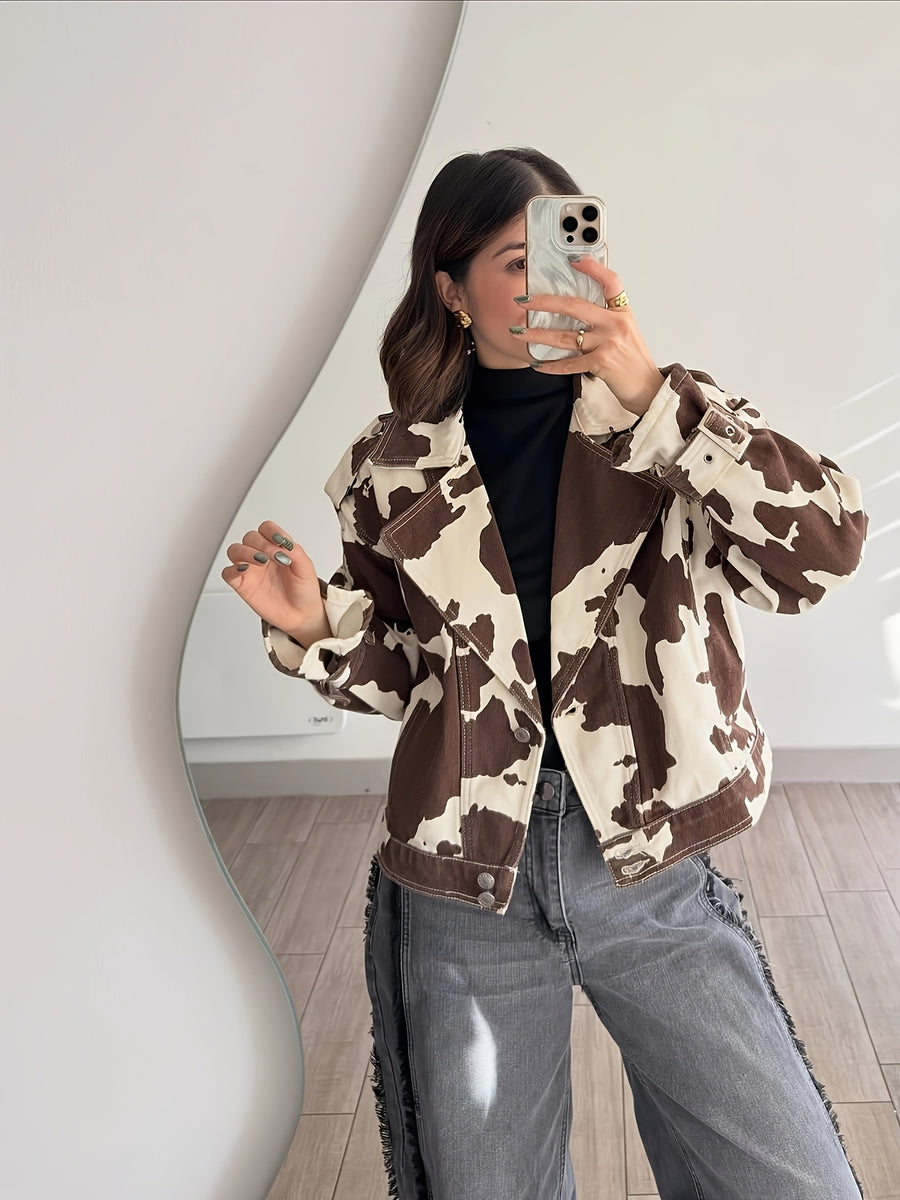 Spring and Autumn Women's Casual Jacket Workwear Outerwear Loose Fit Motorcycle Jacket - Dark Brown