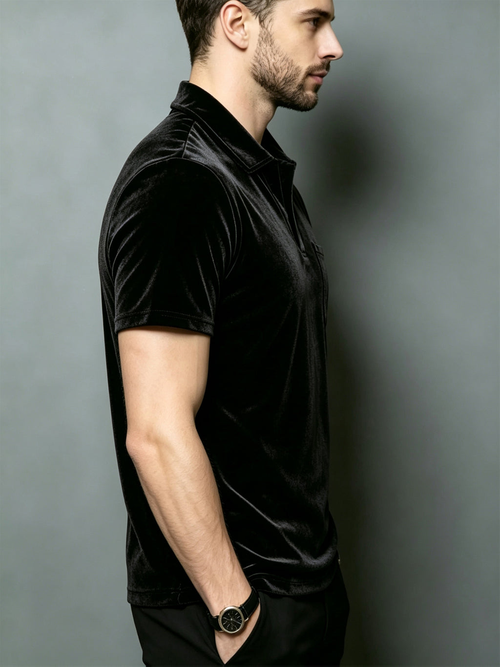 Light Luxury European Style Men'S Velvet Polo Short Sleeve T-Shirt, 3D Star Print with Pocket, Slim Fit Summer Top, Black Soft Velvet Casual Tee - Black