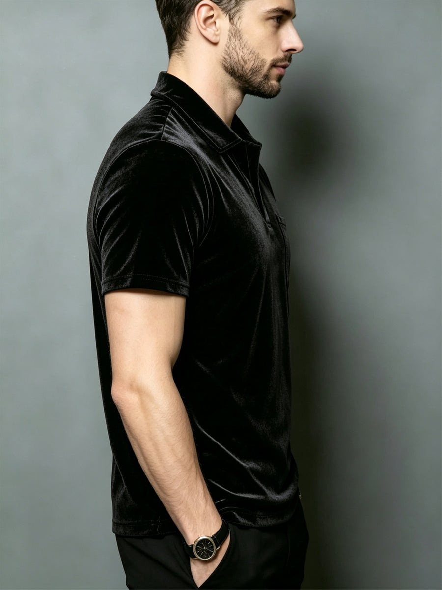 Light Luxury European Style Men'S Velvet Polo Short Sleeve T-Shirt, 3D Star Print with Pocket, Slim Fit Summer Top, Black Soft Velvet Casual Tee - Black