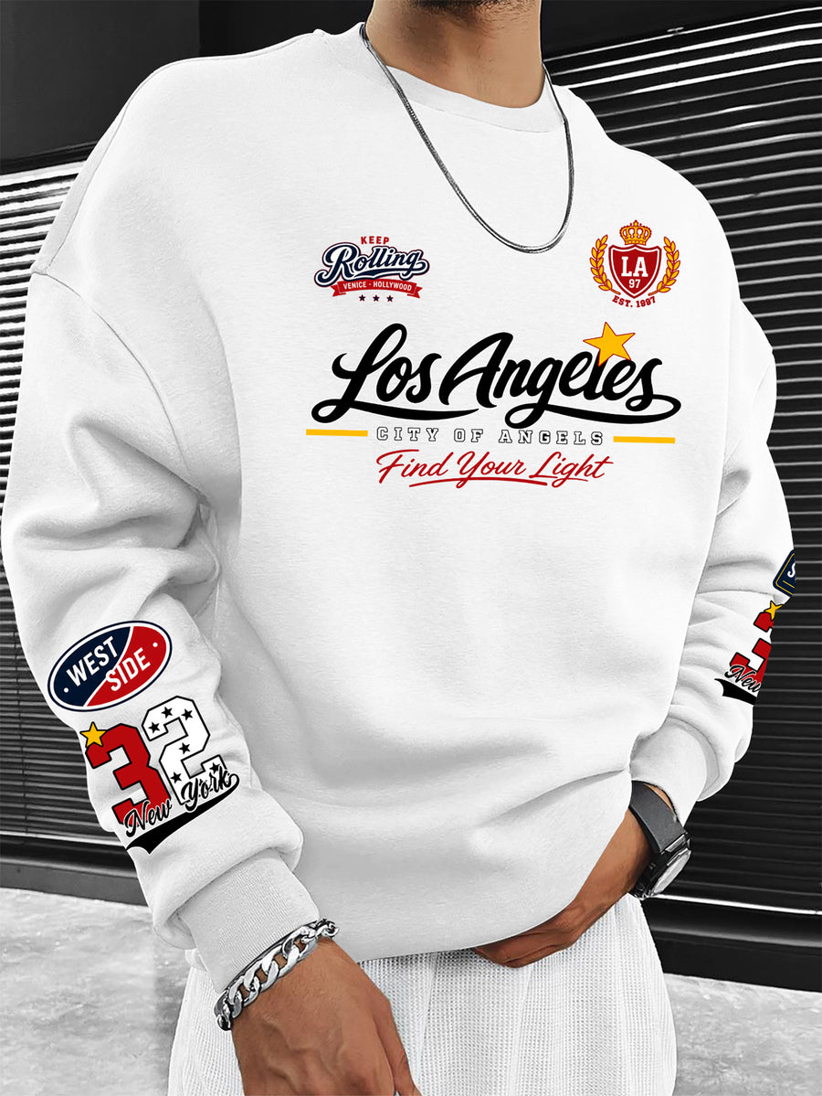 New Men's Crew Neck Sweatshirt, American Vintage Style with City Name English Print - White