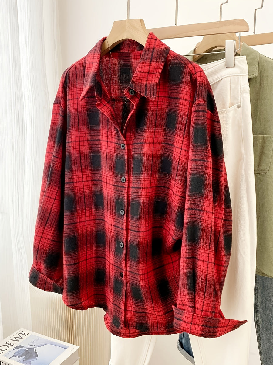 Women'S Shirt Multicolor Brushed Plaid Shirt Loose Top - Black checkered on red background