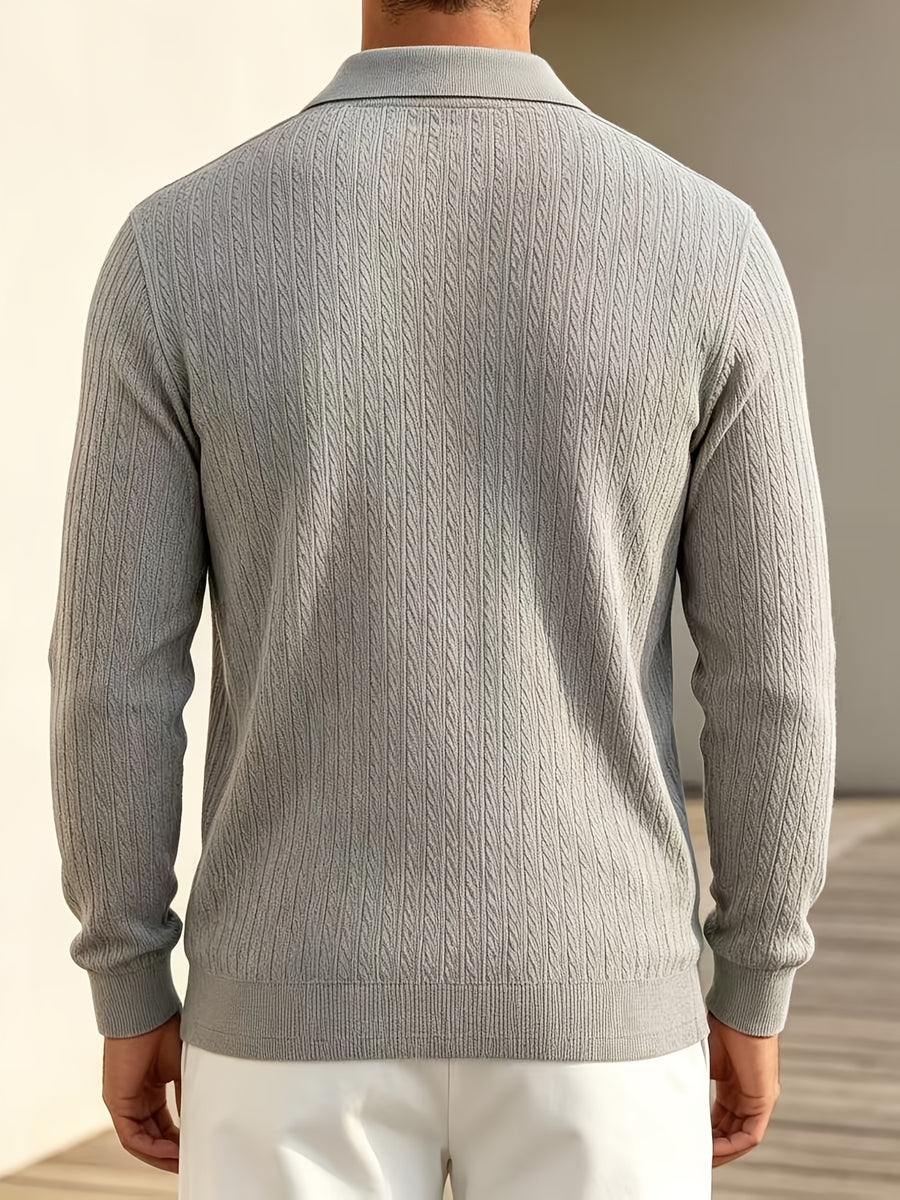 2026 New Men's Long-Sleeve Polo Shirt, Jacquard Texture Lapel Top, Casual Three-Button Knitted Business Versatile Long-Sleeve T-Shirt - Light Grey