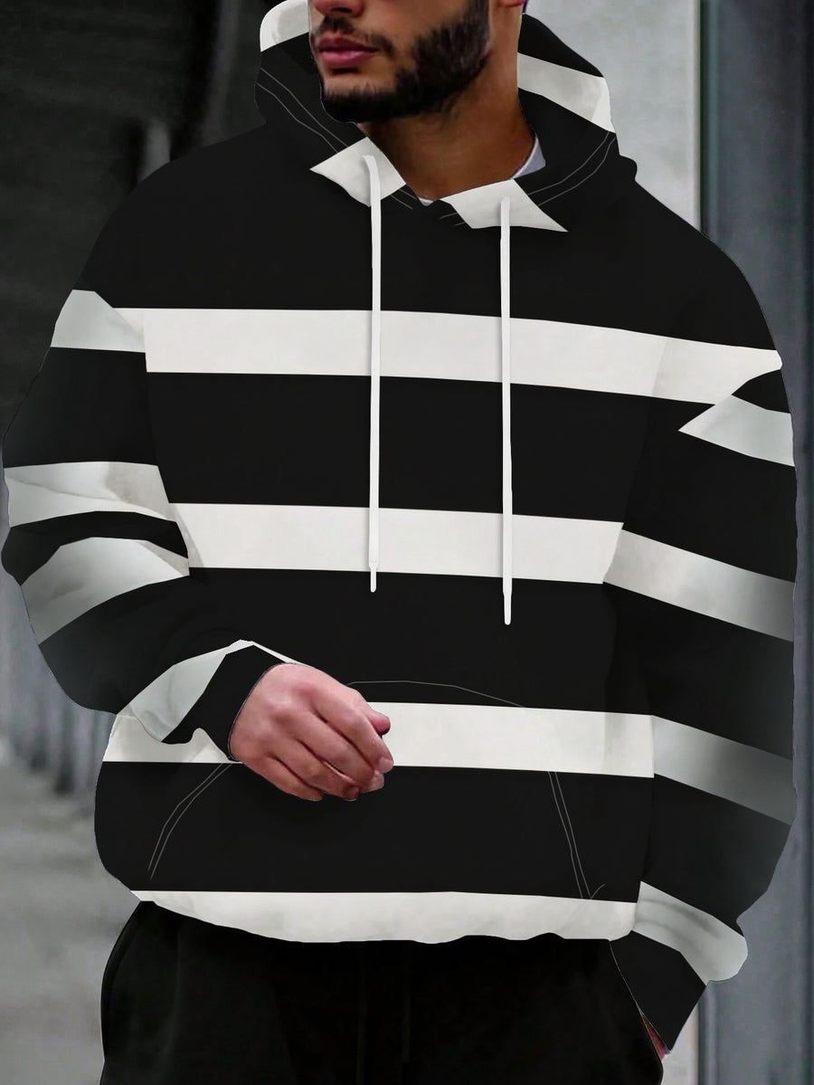 [Printed Design - Not Textured] Men'S Individual Trendy Street Style Hooded Sweatshirt Black And White Striped - Full Street Style, Rich And Artistic Pattern Elements, Easy to Create Individual Style, Drawstring Design Adds Casual Feel - Mixed colors