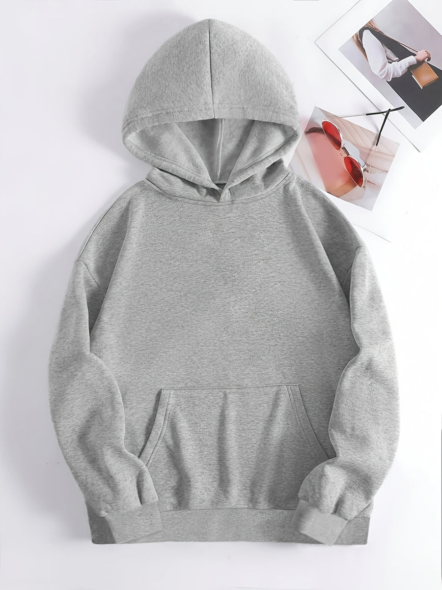 European and American Vintage Minimalist Artistic Style Top, Whale Shark Print Pattern Hooded 1pc Women's Sweatshirt, Loose Autumn/Winter Pullover Top, Relaxed Oversized Fit, Street Hip-Hop Style, with Kangaroo Pocket, No Drawstring - Light Gray