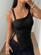 Fitted Camisole for Women with a Metallic Eyelet Design And an Asymmetrical Hem, Perfect for Summer - Black