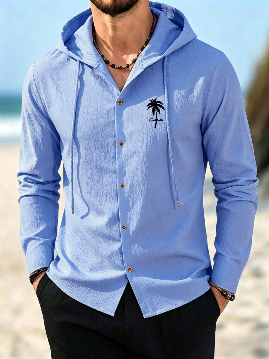 Men's Coconut Tree Print Hooded Long-Sleeve Shirt, Slightly Wrinkled Textured Casual Button-Up Cardigan, Summer Lightweight Breathable Vacation Top, Hawaiian Beach Jacket, Shirt Style + Hood with Drawstring, Suitable for Beach Trips, City Strolls - Sky Blue