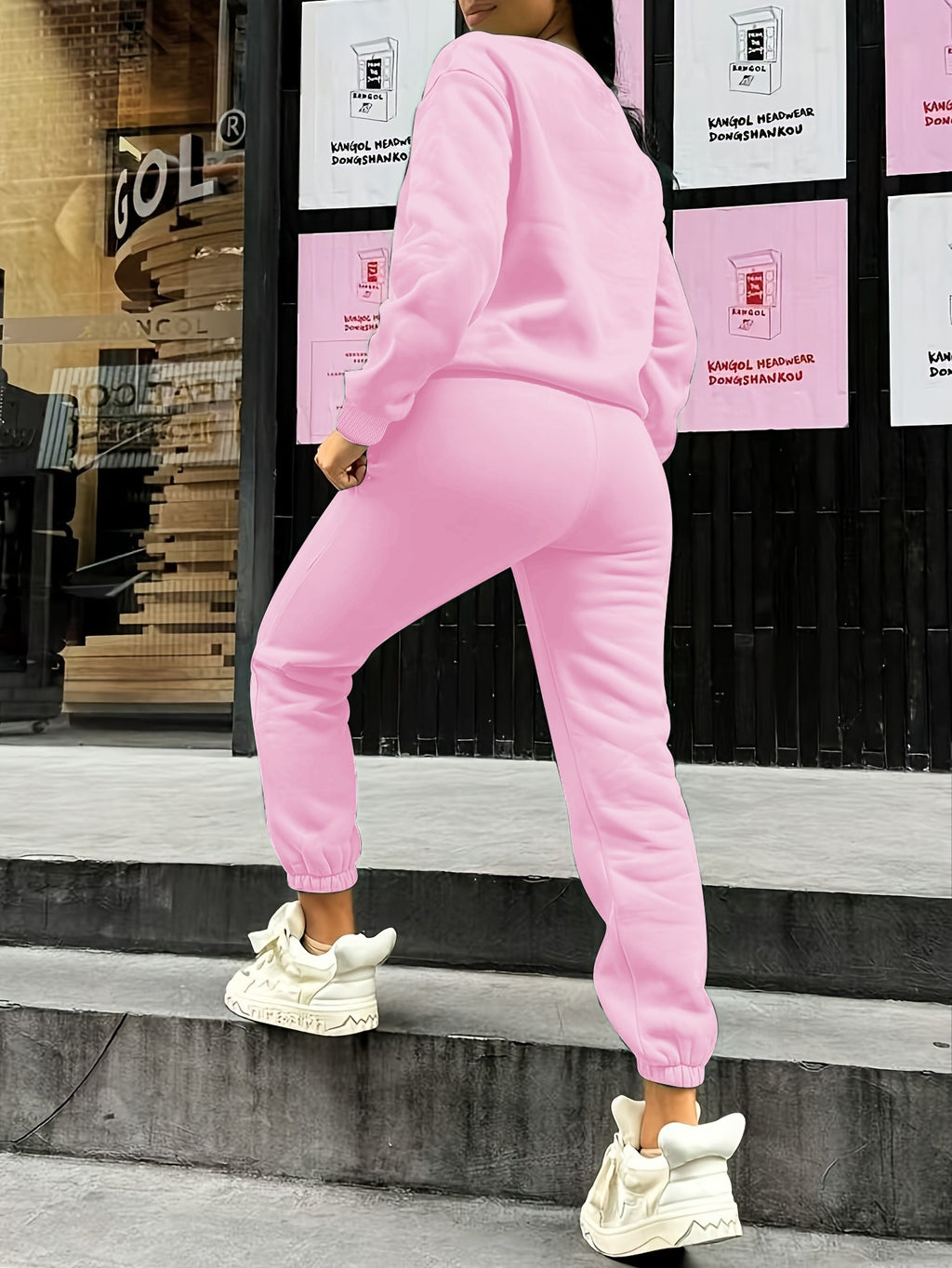Women'S Autumn Winter Two-Piece Set, Easy Pattern Sweatshirt And Jogger Pants - Bright Pink Color