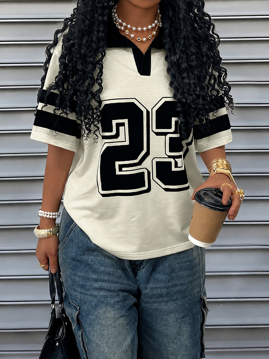 1pc Summer College Style Lapel Short Sleeve T-Shirt Women, Trendy Retro Number 23 Print Contrast Color Patchwork Design Casual Top, Streetwear Essential - Beige 2