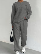 Fashionable And Easy Dark Gray Textured Fabric Jogger Pants And Long-Sleeved Pullover 2pcs Set, Light North - Dark Gray