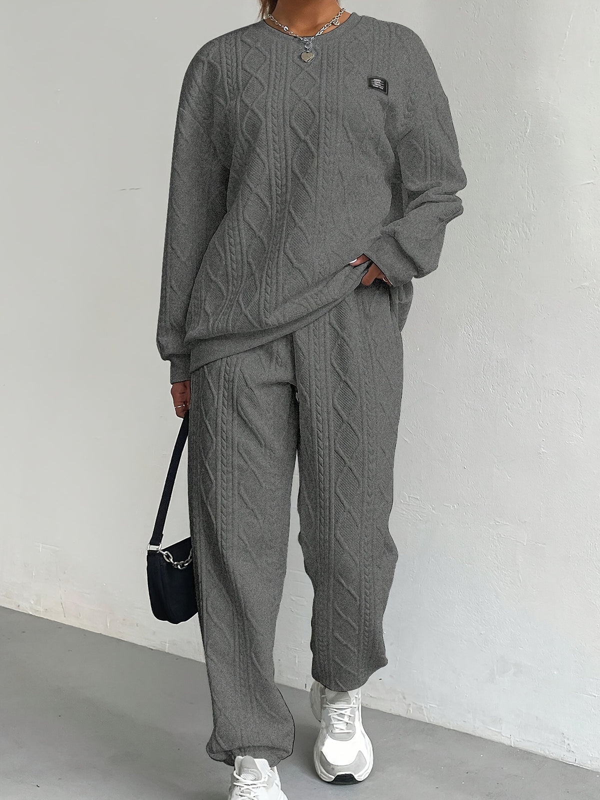 Fashionable And Easy Dark Gray Textured Fabric Jogger Pants And Long-Sleeved Pullover 2pcs Set, Light North - Dark Gray