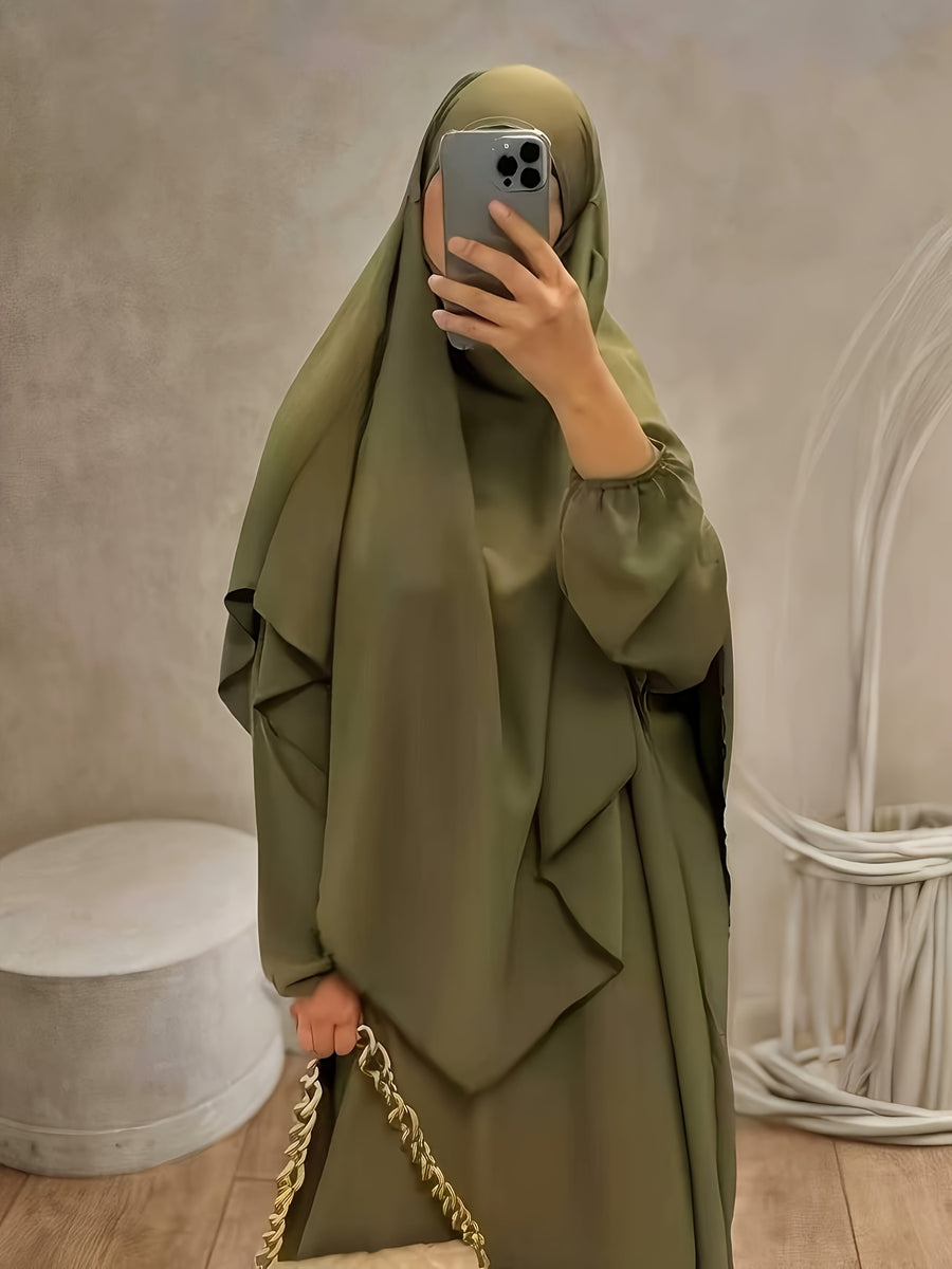 Two-Pieces Set (Khimar And Abaya) Prayer Jilbab Outfit for Muslim Women, Stylish And Elegant, Features a Solid Color, Easy Single-Layer Headscarf Khimar. Ideal for Everyday Wear, Festivals, Gatherings, And Outdoor Events. Women'S Islamic - Olive Green