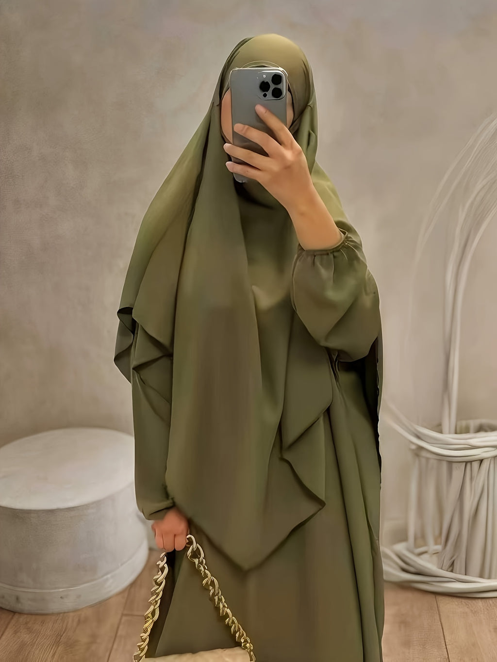Two-Pieces Set (Khimar And Abaya) Prayer Jilbab Outfit for Muslim Women, Stylish And Elegant, Features a Solid Color, Easy Single-Layer Headscarf Khimar. Ideal for Everyday Wear, Festivals, Gatherings, And Outdoor Events. Women'S Islamic - Olive Green