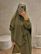 Two-Pieces Set (Khimar And Abaya) Prayer Jilbab Outfit for Muslim Women, Stylish And Elegant, Features a Solid Color, Easy Single-Layer Headscarf Khimar. Ideal for Everyday Wear, Festivals, Gatherings, And Outdoor Events. Women'S Islamic - Olive Green