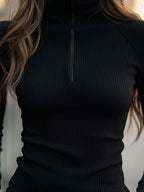 American Casual High Neck Base Layer Women's Autumn High-End Zipper Half Open Lapel Pullover Top - Black